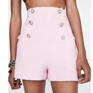 Zara Pink Tweed High Rise Shorts with Pockets and Decorative Buttons